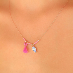 Mey İthalat® Nazar Boncuklu Pembe Renk Taşlı Rose Bayan Kolye