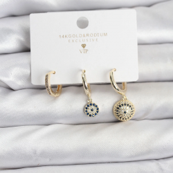 Mey İthalat® Nazar Model Gold Renk Pirinç 3'lü Kadın Küpe Seti