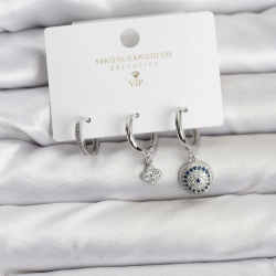 Mey İthalat® Nazar Model Gümüş Renk Pirinç 3'lü Kadın Küpe Seti