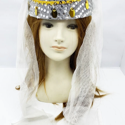 Mey İthalat® Beyaz Duvaklı Altın Pul İşlemeli Kına Fesi Kına Şapkası Oryantal Şapkası