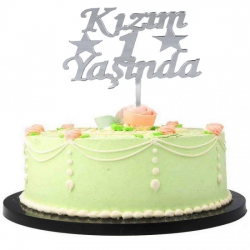 Mey İthalat® Kızım 1 Yaşında İlk Yaş Doğum Günü Partisi Pasta Süsü Gümüş Renk