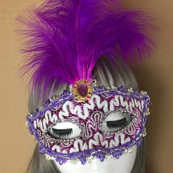 Mey İthalat® Mor Dantel İşlemeli Mor Tüylü Balo Parti Maskesi 17x20 cm