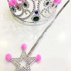 Mey İthalat® Pembe Ponponlu Gümüş Renk Prenses Tacı ve Gümüş Renk Prenses Asası