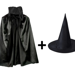 Mey İthalat® Siyah Yakalı Pelerin ve Siyah Cadı Şapkası Seti Çocuk Boy