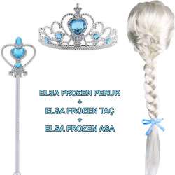 Mey İthalat® Örgülü Karlar Ülkesi Frozen Elsa Peruğu Tacı ve Sopası Çocuk Boy