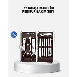 Mey İthalat® Özel Deri Çantalı 12 Parça Manikür Pedikür Bakım Seti Paslanmaz Çelik