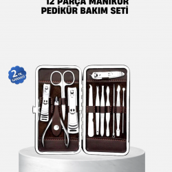 Mey İthalat® Özel Deri Çantalı 12 Parça Manikür Pedikür Bakım Seti Paslanmaz Çelik