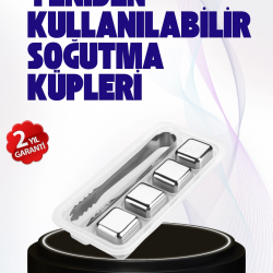 Mey İthalat® Paslanmaz Çelikten Üretilmiş Metal Buz Küpü Seti ve Buz Klipsi