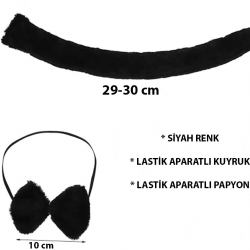 Mey İthalat® Peluş Siyah Renk Kuyruk ve Papyon Yetişkin Çocuk Uyumlu