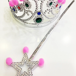 Mey İthalat® Pembe Ponponlu Gümüş Renk Prenses Tacı ve Gümüş Renk Prenses Asası