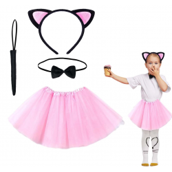 Mey İthalat® Pembe Renk Etekli Kedi Kostüm Seti (Tütü, Taç, Papyon, Kuyruk)