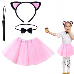Mey İthalat® Pembe Renk Etekli Kedi Kostüm Seti (Tütü, Taç, Papyon, Kuyruk)