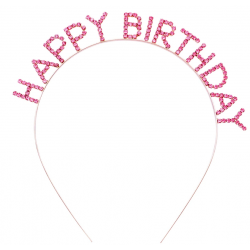 Mey İthalat® Pembe Renk Kristal Taşlı Gold Renk Kaplama Happy Birthday Taç 16x17 cm