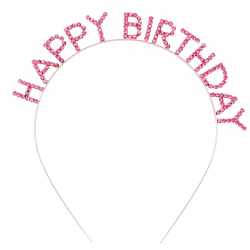 Mey İthalat® Pembe Renk Kristal Taşlı Gold Renk Kaplama Happy Birthday Taç 16x17 cm