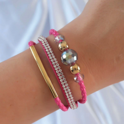 Mey İthalat® Pembe Renk Zirkon Taşlı Deri Çoklu Bileklik