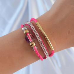 Mey İthalat® Pembe Renk Zirkon Taşlı Deri Çoklu Bileklik