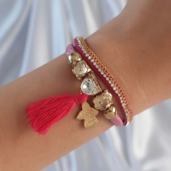 Mey İthalat® Pembe Renk Zirkon Taşlı Püskül Detay Deri Çoklu Bileklik