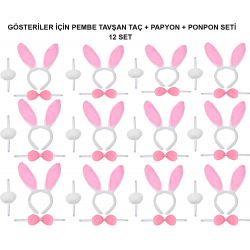 Mey İthalat® Pembe Tavşan Kostüm Seti – Taç, Papyon, Ponpon (12’li Paket)