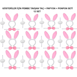 Mey İthalat® Pembe Tavşan Kostüm Seti – Taç, Papyon, Ponpon (12’li Paket)