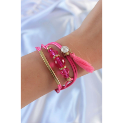 Mey İthalat® Pembe Zirkon Taşlı İpli Püskül Detay Çoklu Bileklik