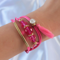 Mey İthalat® Pembe Zirkon Taşlı İpli Püskül Detay Çoklu Bileklik