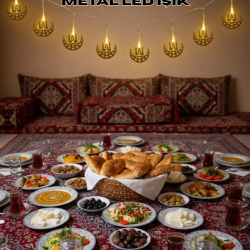 Mey İthalat® Pilli Minareli Hilal LED Işık Gold Metal Ramazan Dekorasyonu