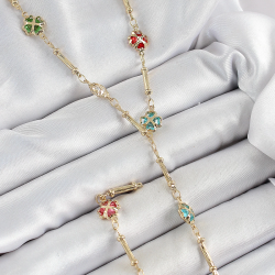 Mey İthalat® Pirinç Asorti Kalpli Yonca Model Gold Renk Zirkon Taşlı Y Kolye