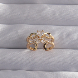 Mey İthalat® Pirinç Ayarlamalı Gold Renk Zirkon Taşlı 2li Görünüm Fiyonk Yüzük