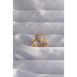 Mey İthalat® Pirinç Ayarlamalı Gold Renk Zirkon Taşlı Bombeli Kalp Yüzük