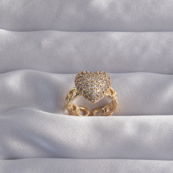 Mey İthalat® Pirinç Ayarlamalı Gold Renk Zirkon Taşlı Bombeli Kalp Yüzük