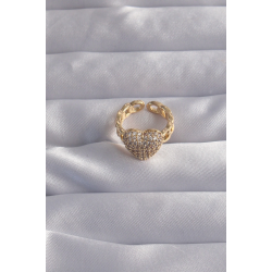 Mey İthalat® Pirinç Ayarlamalı Gold Renk Zirkon Taşlı Bombeli Kalp Yüzük