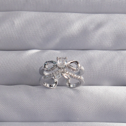 Mey İthalat® Pirinç Ayarlamalı Gümüş Renk Zirkon Taşlı 2li Görünüm Fiyonk Yüzük