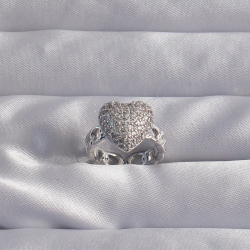 Mey İthalat® Pirinç Ayarlamalı Gümüş Renk Zirkon Taşlı Bombeli Kalp Yüzük