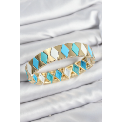 Mey İthalat® Pirinç Baklava Desenli Mavi Beyaz Gold Renk Lastikli Kadın Bileklik