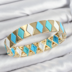 Mey İthalat® Pirinç Baklava Desenli Mavi Beyaz Gold Renk Lastikli Kadın Bileklik