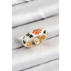 Mey İthalat® Pirinç Beyaz Mineli Çiçek Motifli Gold Renk Ayarlanabilir Kadın Yüzük