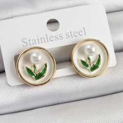 Mey İthalat® Pirinç Beyaz Mineli Lale Figürlü Sanatsal Portre Model Gold Renk Kadın Küpe