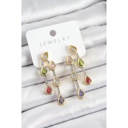 Mey İthalat® Pirinç Çoklu Damla Model Karşık Zirkon Taşlı Gold Ve Gümüş Renk Kadın Küpe