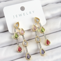 Mey İthalat® Pirinç Çoklu Damla Model Karşık Zirkon Taşlı Gold Ve Gümüş Renk Kadın Küpe