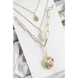 Mey İthalat® Pirinç Çoklu Zincirli İncili Deniz Kabuğu Model Gold Renk Kadın Kolye