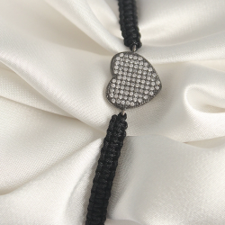 Mey İthalat® Pirinç Füme Renk Zirkon Taşlı Kalp Figür Asansörlü Makrome Model Kadın Bileklik