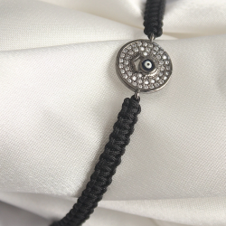 Mey İthalat® Pirinç Füme Renk Zirkon Taşlı Nazar Boncuk İşleme Makrome Asansörlü Model Kadın Bileklik