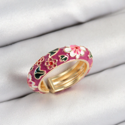 Mey İthalat® Pirinç Fuşya Mineli Çiçek Motifli Gold Renk Ayarlanabilir Kadın Yüzük