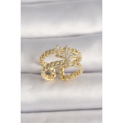 Mey İthalat® Pirinç Gold Renk 2'Li Zincir Zirkon Taşlı Yıldız Figür Kadın Yüzük