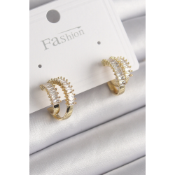 Mey İthalat® Pirinç Gold Renk 2'Li Zirkon Taşlı Halka Model Kadın Küpe