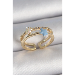 Mey İthalat® Pirinç Gold Renk 2'Li Zirkon Taşlı Mavi Yıldız Figür Ayarlanabilir Kadın Yüzük