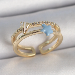 Mey İthalat® Pirinç Gold Renk 2'Li Zirkon Taşlı Mavi Yıldız Figür Ayarlanabilir Kadın Yüzük