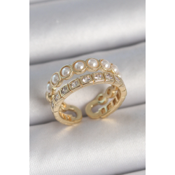 Mey İthalat® Pirinç Gold Renk 2'Li Zirkon Taşlı Ve İncili Ayarlanabilir Kadın Yüzük