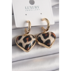 Mey İthalat® Pirinç Gold Renk 3D Kalp Leopar Model Kadın Küpe