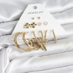 Mey İthalat® Pirinç Gold Renk 6 Çift Kadın Küpe Seti